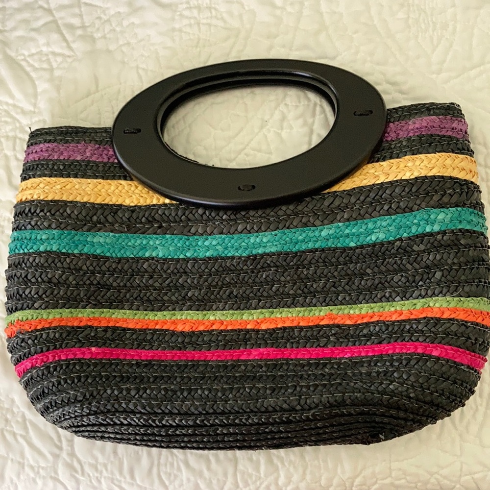 NWOT Black/multi-color wheat-straw purse
